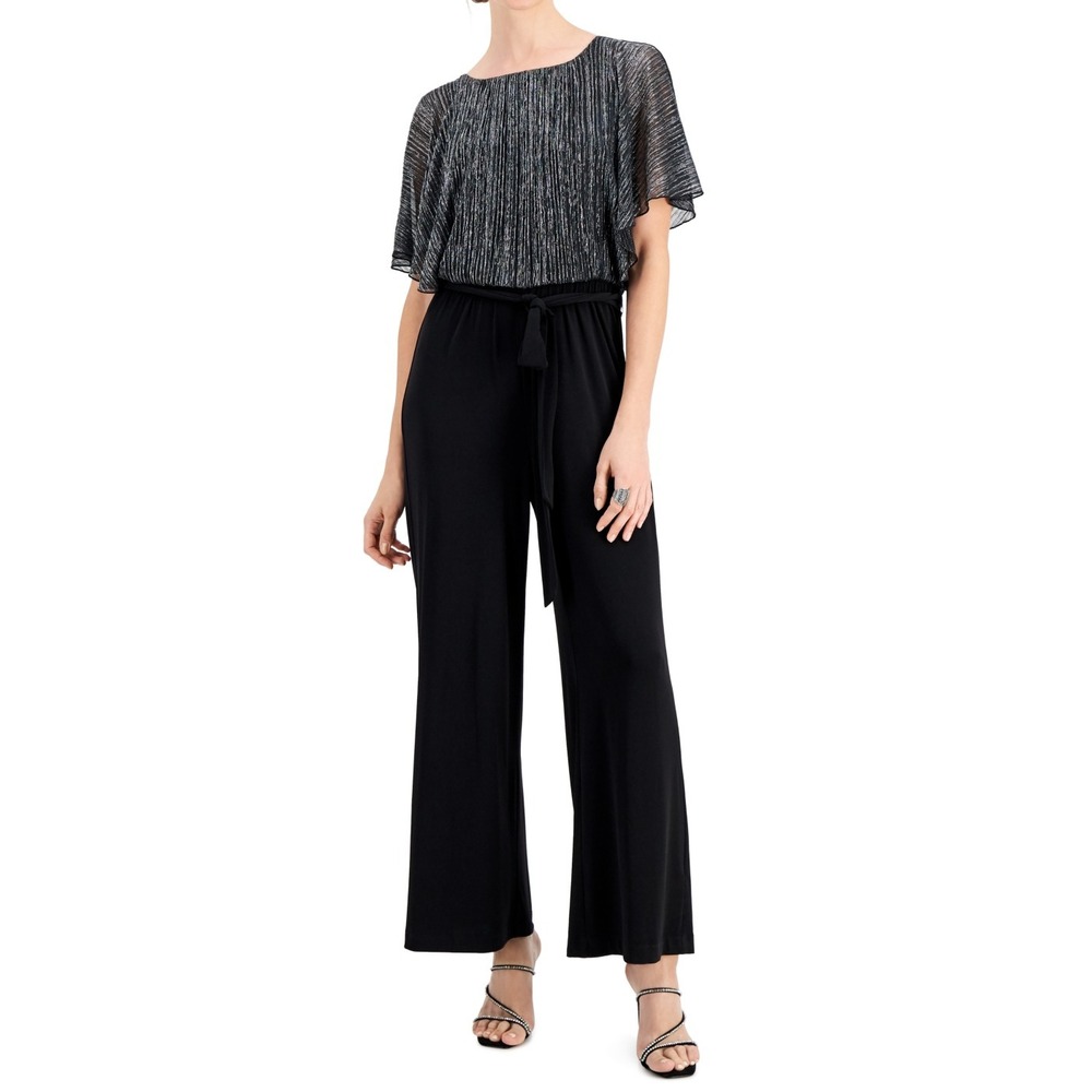 New Connected Metallic Pleated Cold Shoulder Tie Waist Jumpsuit Women's Size 4